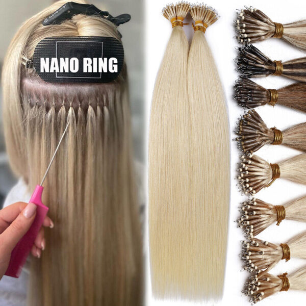 Nano Ring Extensions Hair Rooted Golden Blonde Color