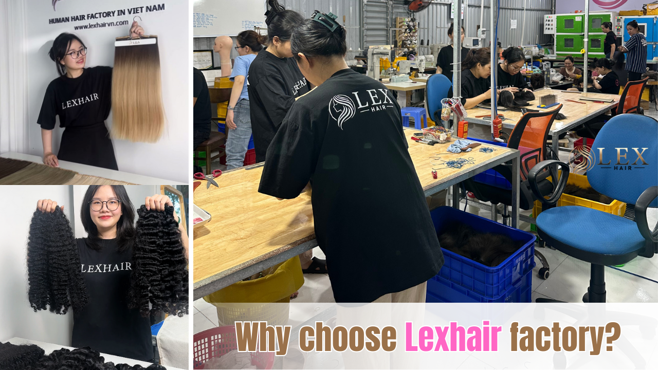 Workers at Lexhair Factory assembling and preparing hair extensions, factory environment with quality control