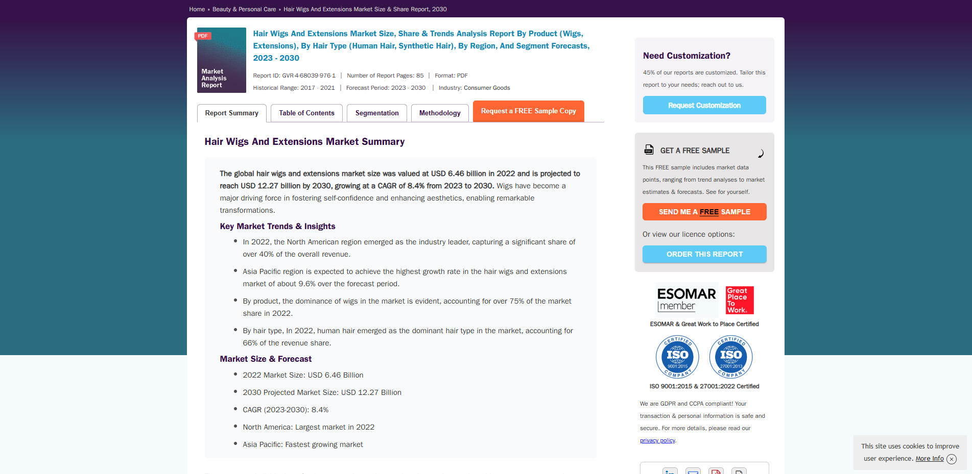 Market research chart from Grand View Research showing global wigs and hair extensions industry growth, emphasizing the importance of a reliable hair factory partner