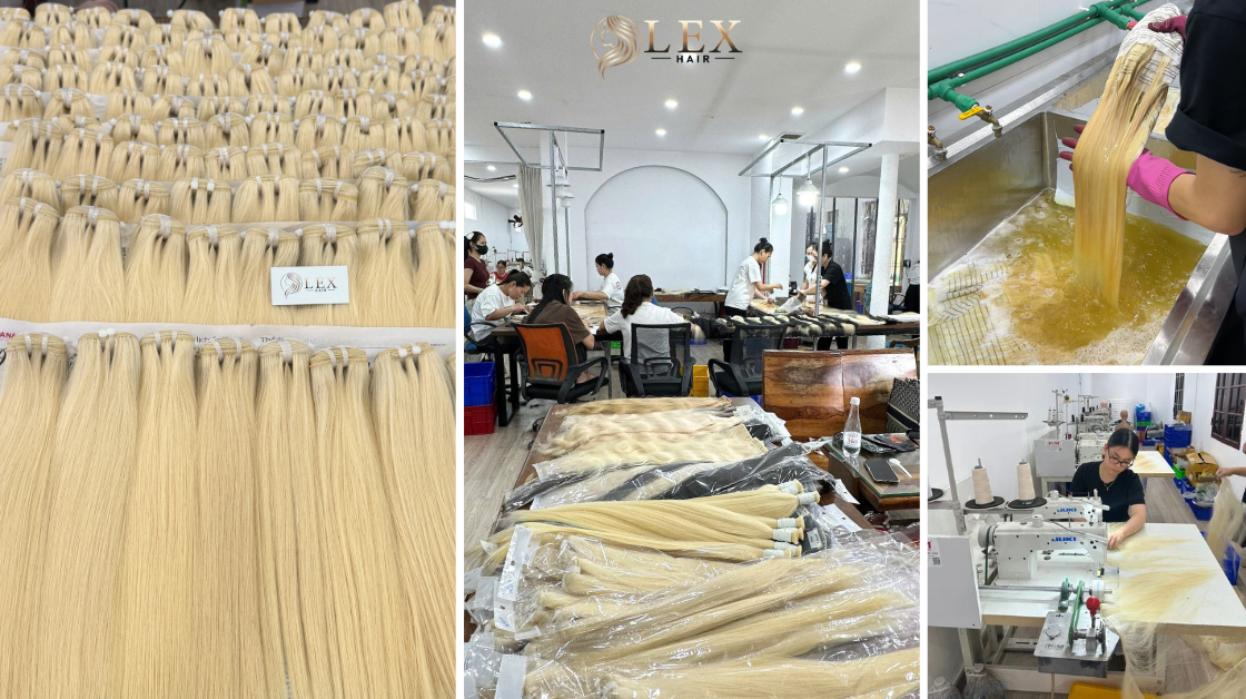 Lexhair factory controls sourcing, bleaching, toning, and weft construction under one production system.