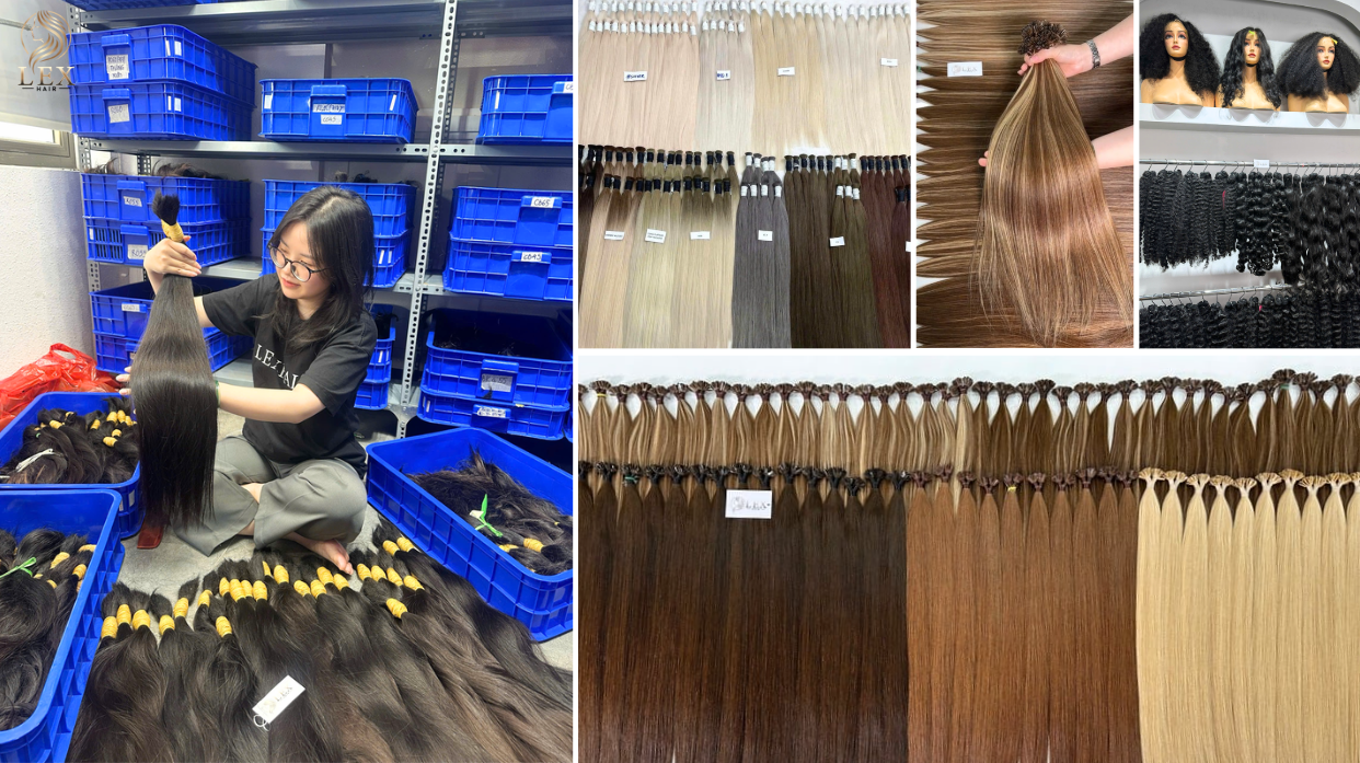 Inside a Vietnam hair factory by Lexhair, with human hair bundles, color swatches, and quality control handled directly at the factory.