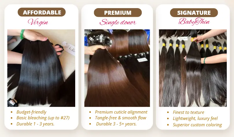 Vietnamese hair quality grades: Virgin, Single Donor and Baby Thin hair