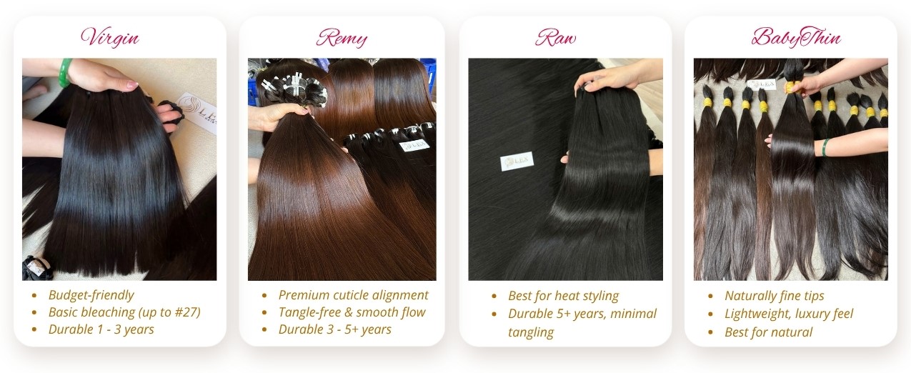 raw hair vs virgin hair vs remy hair vs baby thin hair comparison